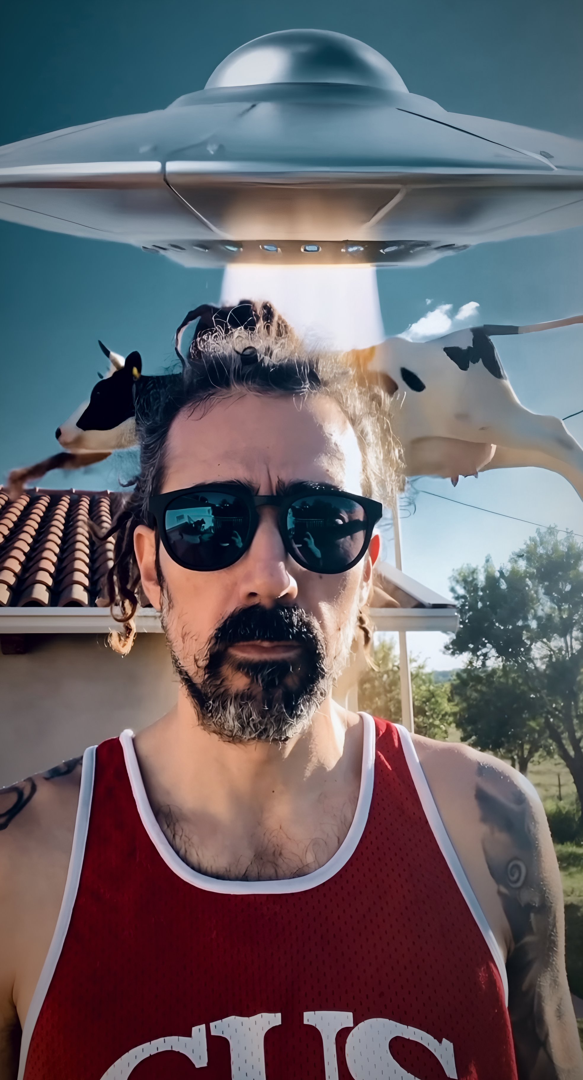 JANO portrait with sunglasses and tank top, a flying cow and a UFO behind him